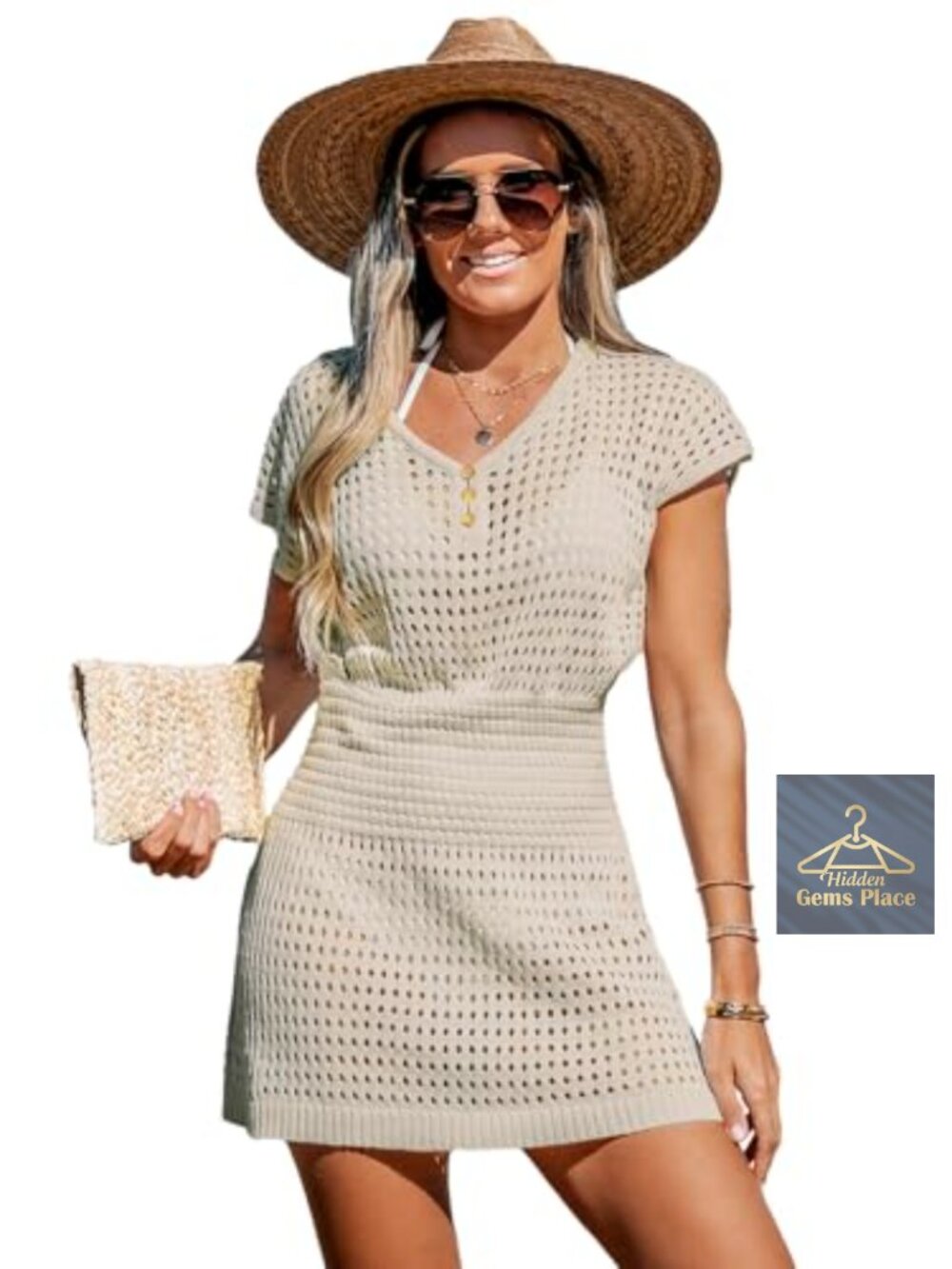 Crochet Swim Coverup Mini Dress Button V Neck Short Sleeve Beachwear